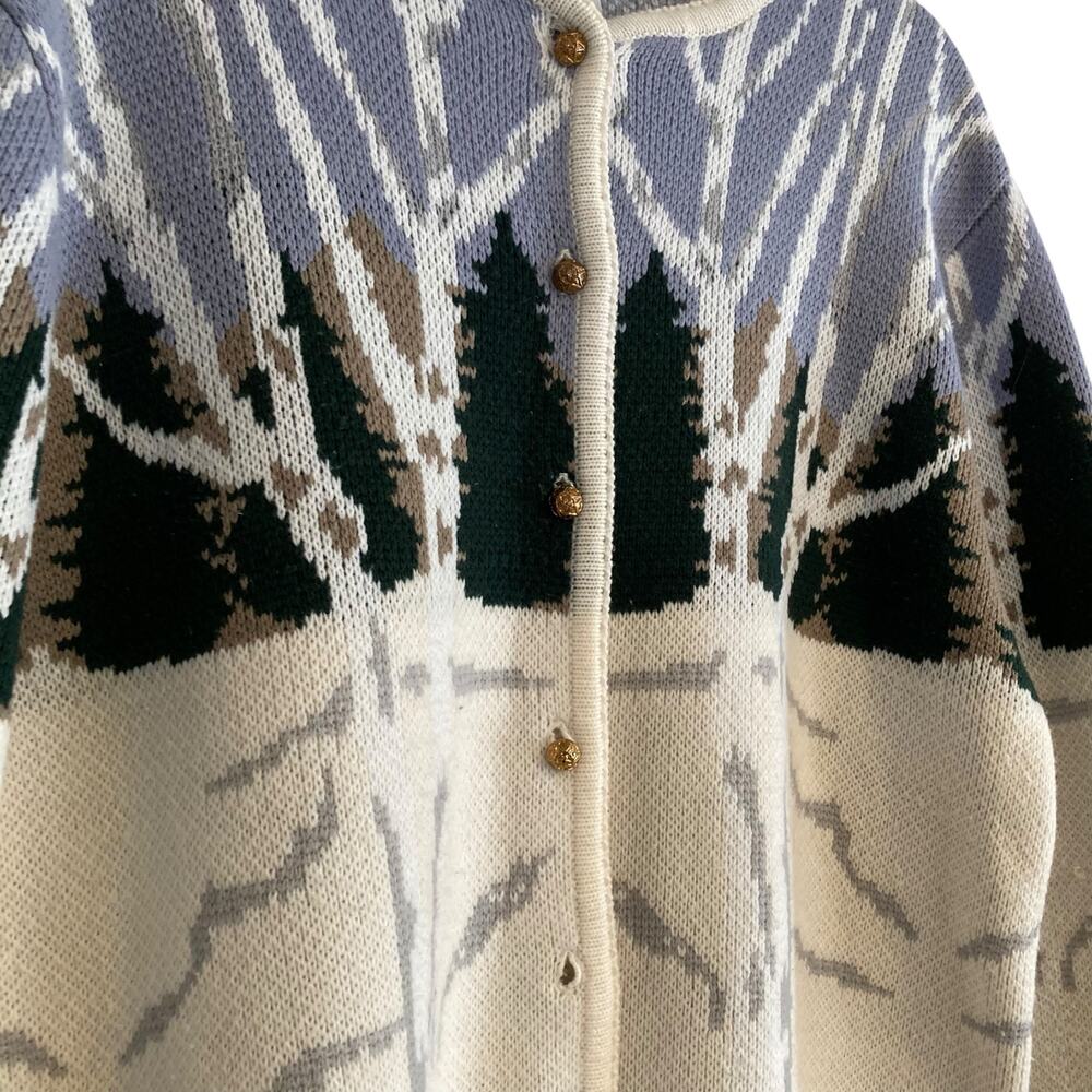 Vintage 90s Winter Forest Scene Cardigan Birch Trees Sz M - Picture 9 of 15